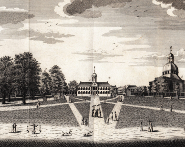 Litografi Staadhuisplein Batavia pada tahun 1754_dibuat oleh van Schley_Pe