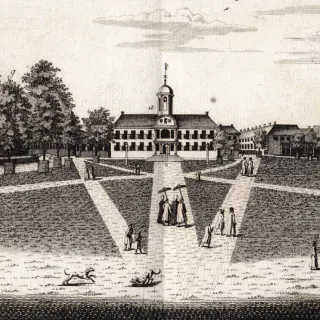 Litografi Staadhuisplein Batavia pada tahun 1754_dibuat oleh van Schley_Pe