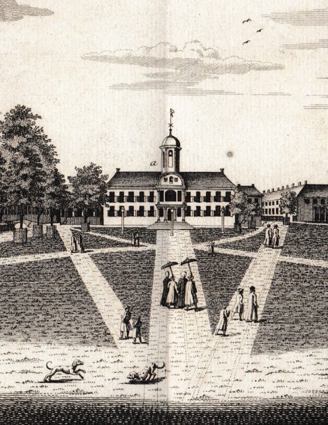 Litografi Staadhuisplein Batavia pada tahun 1754_dibuat oleh van Schley_Pe
